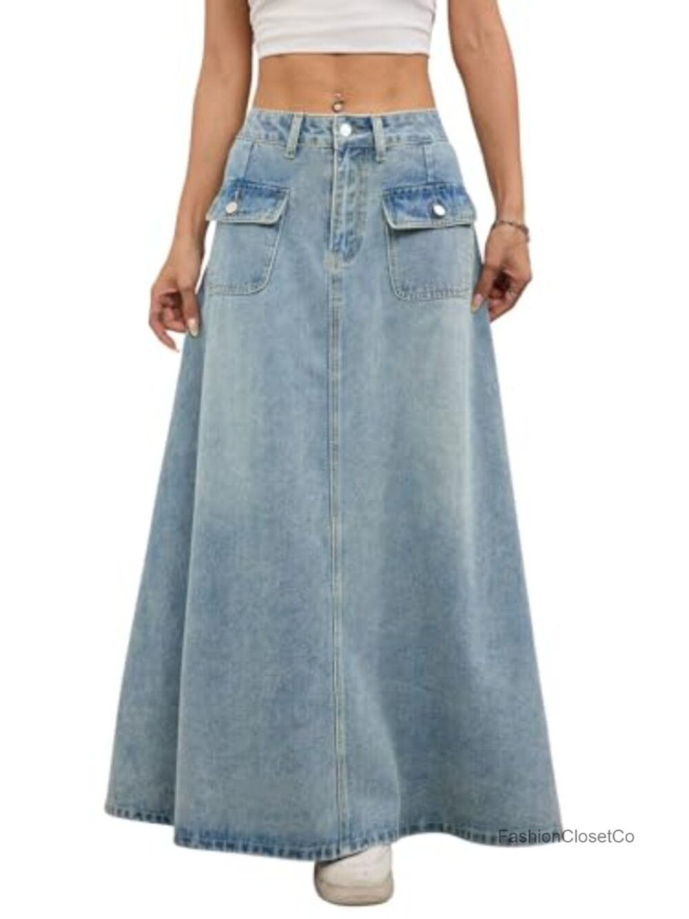Womens Pleated Flared Denim Maxi Jean Skirt Loose Fit A-Line